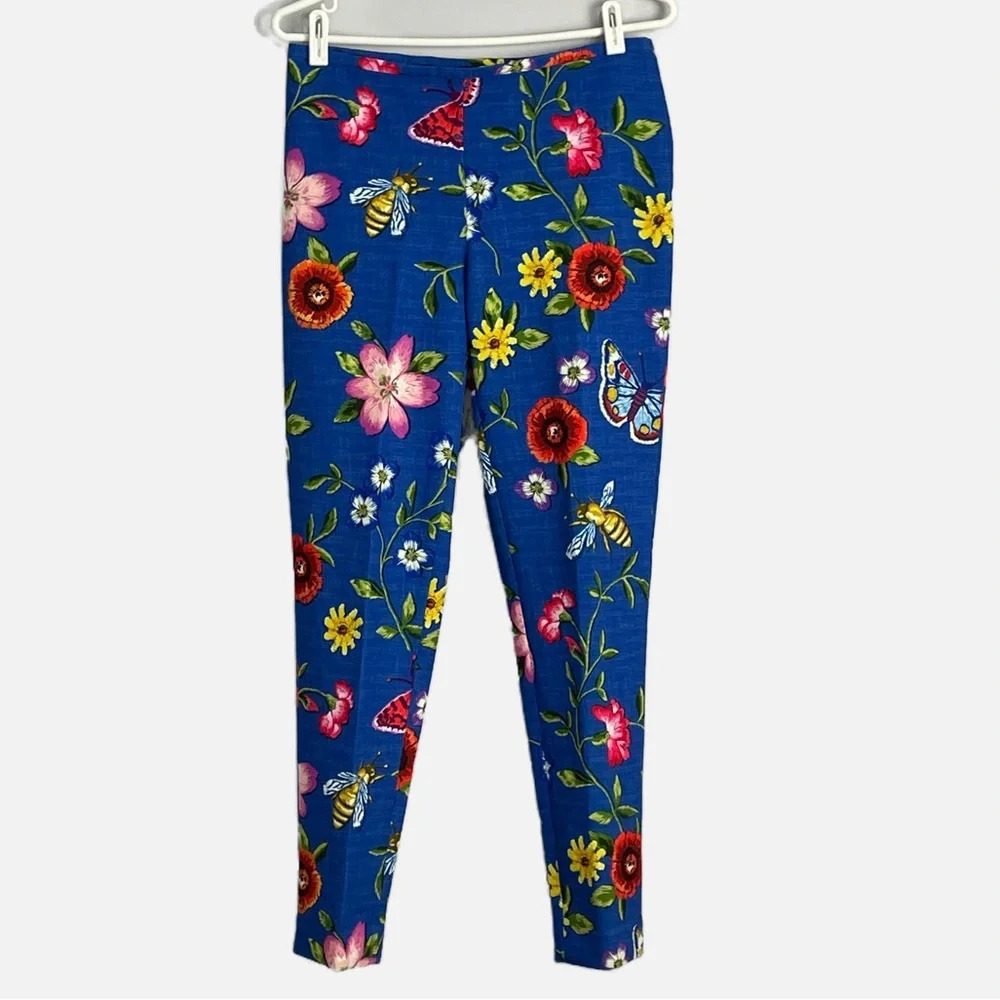 J. McLaughlin Margot Pants Size 6 Blue Floral Butterfly Print‎ Slim